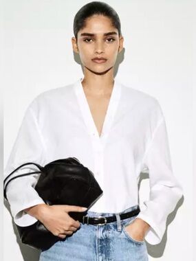 COS Button-Detail V-Neck Linen Shirt
